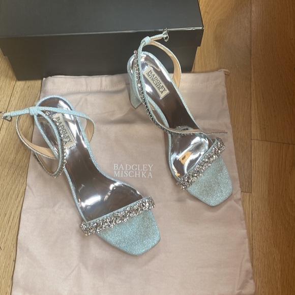 BADGLEY MISCHKA Tasmine Metallic Crystal Ankle-Strap Sandals, Soft Blue 9.5 - Picture 5 of 12
